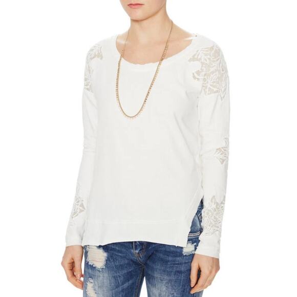 Free People Outer Sunset Ivory White Lace Insert Long Sleeve Boho Knit Top XS - Picture 10 of 16